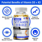 TAOTERS Vitamin D3 and K2 Supplement bottle with softgels displayed next to calcium-rich foods, symbolizing support for bone health, immunity, and cardiovascular wellness.