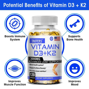 TAOTERS Vitamin D3 and K2 Supplement bottle with softgels displayed next to calcium-rich foods, symbolizing support for bone health, immunity, and cardiovascular wellness.