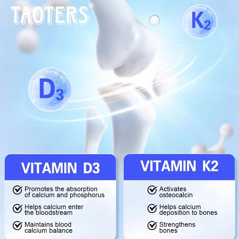 TAOTERS Vitamin D3 and K2 Supplement bottle with softgels displayed next to calcium-rich foods, symbolizing support for bone health, immunity, and cardiovascular wellness.