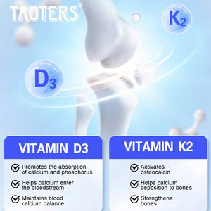 TAOTERS Vitamin D3 and K2 Supplement bottle with softgels displayed next to calcium-rich foods, symbolizing support for bone health, immunity, and cardiovascular wellness.
