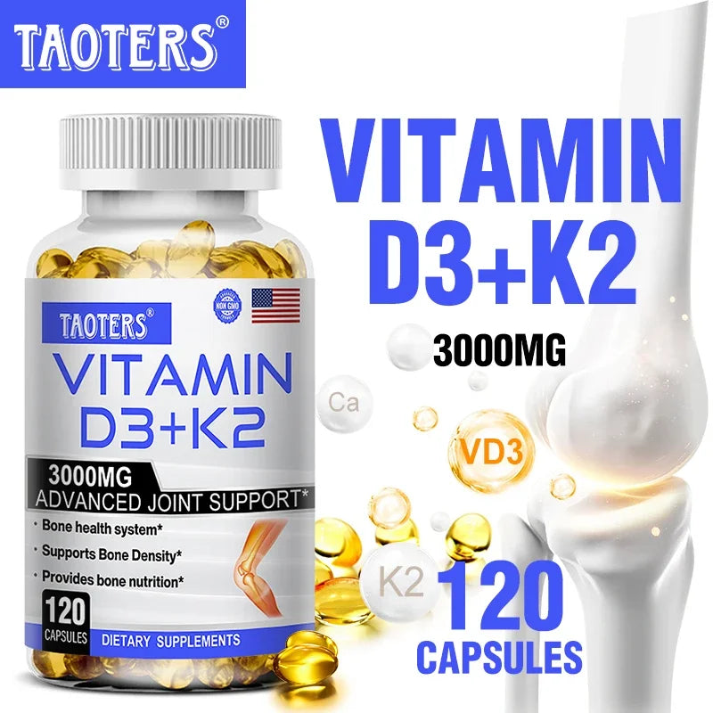 TAOTERS Vitamin D3 and K2 Supplement bottle with softgels displayed next to calcium-rich foods, symbolizing support for bone health, immunity, and cardiovascular wellness.