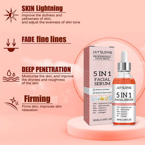 JAYSUING Professional Vitamin C Serum with a 5-in-1 formula, featuring Vitamin C, Vitamin E, collagen, niacinamide, and hyaluronic acid to brighten skin, reduce fine lines, firm, shrink pores, and deeply hydrate.