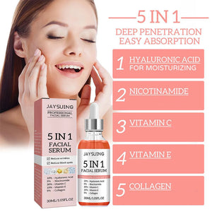 JAYSUING Professional Vitamin C Serum with a 5-in-1 formula, featuring Vitamin C, Vitamin E, collagen, niacinamide, and hyaluronic acid to brighten skin, reduce fine lines, firm, shrink pores, and deeply hydrate.