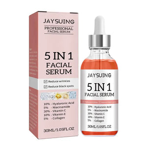 JAYSUING Professional Vitamin C Serum with a 5-in-1 formula, featuring Vitamin C, Vitamin E, collagen, niacinamide, and hyaluronic acid to brighten skin, reduce fine lines, firm, shrink pores, and deeply hydrate.