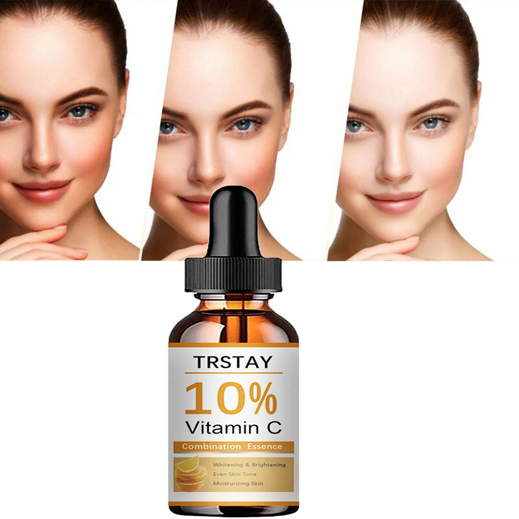 TRSTAY Vitamin C Serum with hyaluronic acid, designed to brighten skin, remove dark spots, deeply hydrate, and reduce signs of aging, available in 30ml and 50ml bottles.