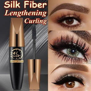 Close-up of lashes enhanced with 5D waterproof mascara, showcasing dramatic length and volume with a black silk fiber formula for long-lasting, smudge-proof wear.