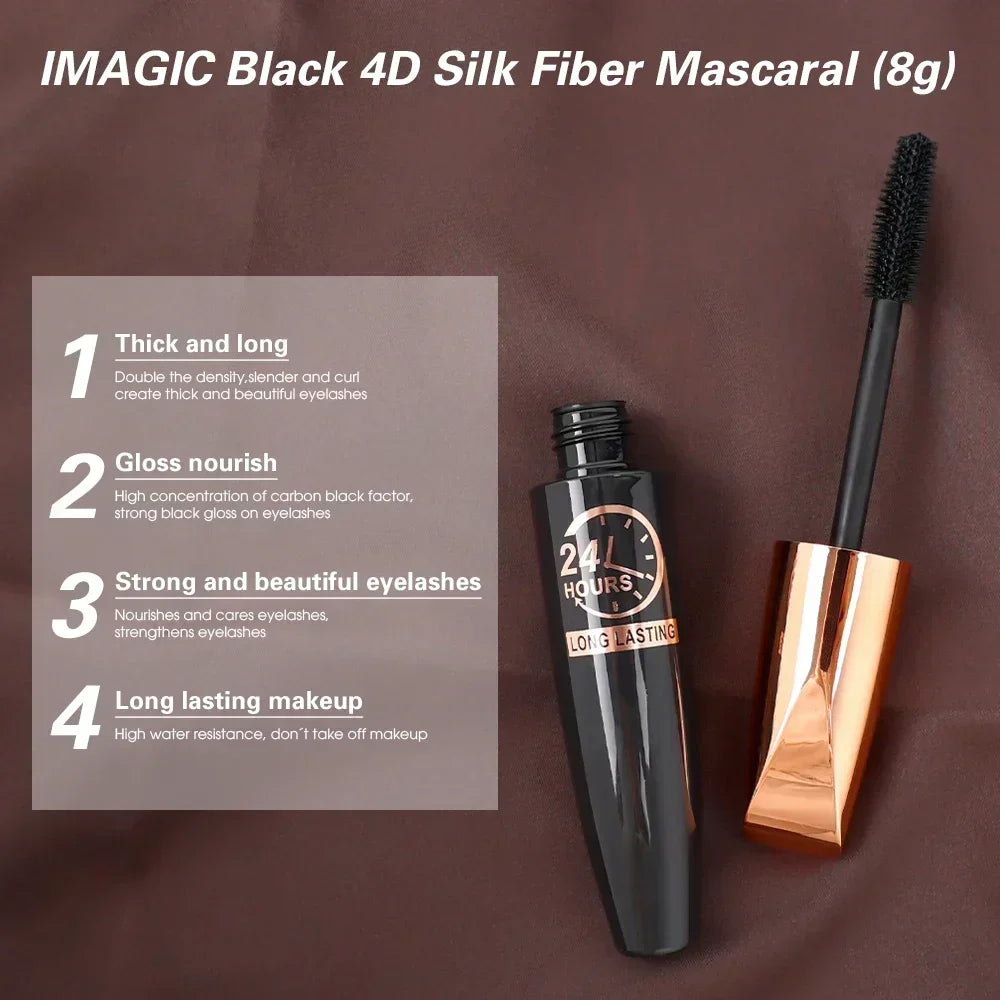 Close-up of lashes enhanced with 5D waterproof mascara, showcasing dramatic length and volume with a black silk fiber formula for long-lasting, smudge-proof wear.