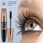 Close-up of lashes enhanced with 5D waterproof mascara, showcasing dramatic length and volume with a black silk fiber formula for long-lasting, smudge-proof wear.