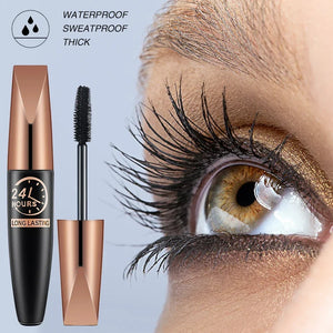 Close-up of lashes enhanced with 5D waterproof mascara, showcasing dramatic length and volume with a black silk fiber formula for long-lasting, smudge-proof wear.