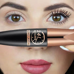 Close-up of lashes enhanced with 5D waterproof mascara, showcasing dramatic length and volume with a black silk fiber formula for long-lasting, smudge-proof wear.