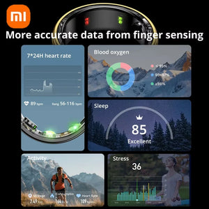 Xiaomi Smart Ring showcasing advanced health tracking features including heart rate, sleep, and blood oxygen monitoring. Lightweight, waterproof design ideal for fitness and daily wear. Perfect for active lifestyles and smarter living.