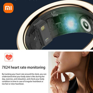 Xiaomi Smart Ring showcasing advanced health tracking features including heart rate, sleep, and blood oxygen monitoring. Lightweight, waterproof design ideal for fitness and daily wear. Perfect for active lifestyles and smarter living.