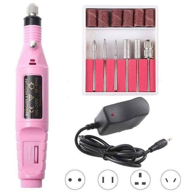 Manicure nail drill set with six professional drill bits and sanding heads for acrylic, gel, and natural nails. Electric nail file with adjustable speed settings, durable low-noise motor, and quick-change bits for easy at-home or salon use. Portable, lightweight, and travel-friendly nail drill kit for shaping, buffing, and polishing nails, perfect for beginners and professionals alike.