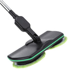 Cordless electric mop with dual spinning microfiber pads and 180-degree rotating handle for hardwood, tile, vinyl, and laminate floors. Rechargeable, lightweight mop with machine-washable pads for easy and efficient home cleaning.