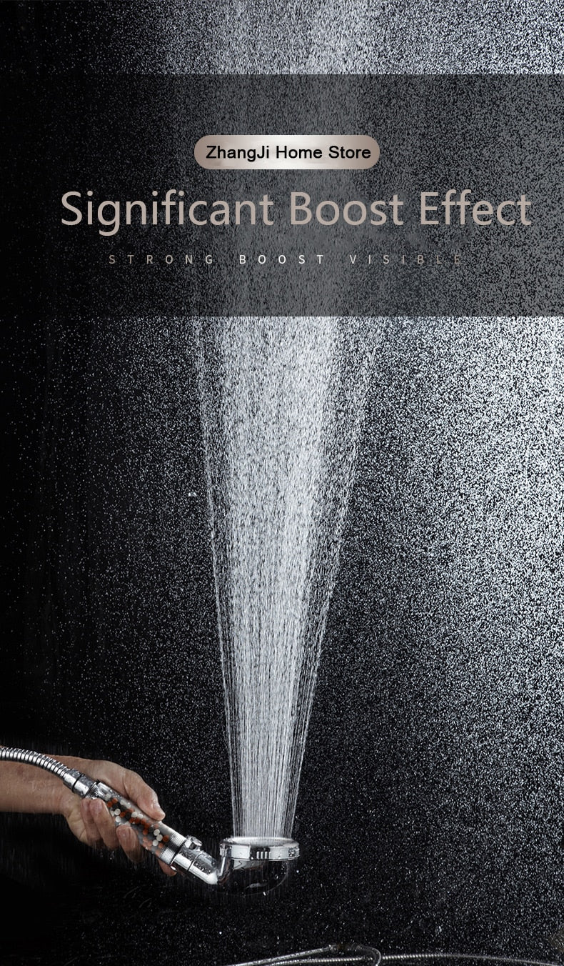 3 Modes adjustable high-pressure filtered shower head with chlorine filter, stainless steel micro-hole panel, and eco-friendly water-saving design. Ideal for hard water treatment and sensitive skin, promoting healthier hair and skin.