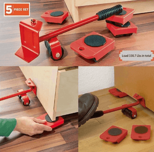 Furniture moving set with lifter tool and four wheeled sliders, ideal for moving heavy furniture on hardwood, laminate, and carpet surfaces without causing damage.