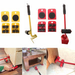 Furniture moving set with lifter tool and four wheeled sliders, ideal for moving heavy furniture on hardwood, laminate, and carpet surfaces without causing damage.