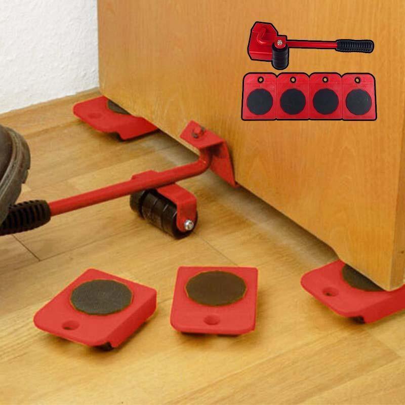 Furniture moving set with lifter tool and four wheeled sliders, ideal for moving heavy furniture on hardwood, laminate, and carpet surfaces without causing damage.