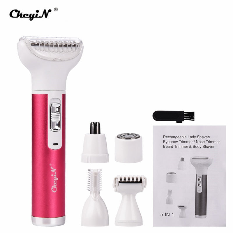 5-in-1 rechargeable hair removal shaver for women with interchangeable heads for ear, nose, eyebrow, facial, body, and bikini line grooming. Compact, portable electric shaver with skin-friendly blades, ideal for sensitive skin to prevent razor bumps and irritation. USB rechargeable with 60 minutes of use per charge, perfect for home, travel, and full-body grooming.