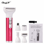 5-in-1 rechargeable hair removal shaver for women with interchangeable heads for ear, nose, eyebrow, facial, body, and bikini line grooming. Compact, portable electric shaver with skin-friendly blades, ideal for sensitive skin to prevent razor bumps and irritation. USB rechargeable with 60 minutes of use per charge, perfect for home, travel, and full-body grooming.