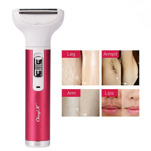 5-in-1 rechargeable hair removal shaver for women with interchangeable heads for ear, nose, eyebrow, facial, body, and bikini line grooming. Compact, portable electric shaver with skin-friendly blades, ideal for sensitive skin to prevent razor bumps and irritation. USB rechargeable with 60 minutes of use per charge, perfect for home, travel, and full-body grooming.