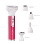 5-in-1 rechargeable hair removal shaver for women with interchangeable heads for ear, nose, eyebrow, facial, body, and bikini line grooming. Compact, portable electric shaver with skin-friendly blades, ideal for sensitive skin to prevent razor bumps and irritation. USB rechargeable with 60 minutes of use per charge, perfect for home, travel, and full-body grooming.