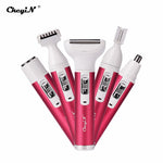 5-in-1 rechargeable hair removal shaver for women with interchangeable heads for ear, nose, eyebrow, facial, body, and bikini line grooming. Compact, portable electric shaver with skin-friendly blades, ideal for sensitive skin to prevent razor bumps and irritation. USB rechargeable with 60 minutes of use per charge, perfect for home, travel, and full-body grooming.