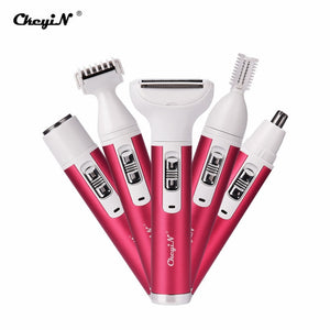 5-in-1 rechargeable hair removal shaver for women with interchangeable heads for ear, nose, eyebrow, facial, body, and bikini line grooming. Compact, portable electric shaver with skin-friendly blades, ideal for sensitive skin to prevent razor bumps and irritation. USB rechargeable with 60 minutes of use per charge, perfect for home, travel, and full-body grooming.