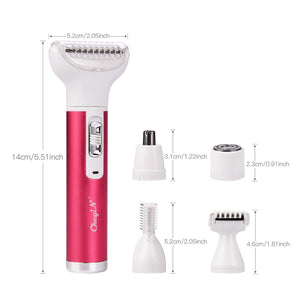 5-in-1 rechargeable hair removal shaver for women with interchangeable heads for ear, nose, eyebrow, facial, body, and bikini line grooming. Compact, portable electric shaver with skin-friendly blades, ideal for sensitive skin to prevent razor bumps and irritation. USB rechargeable with 60 minutes of use per charge, perfect for home, travel, and full-body grooming.