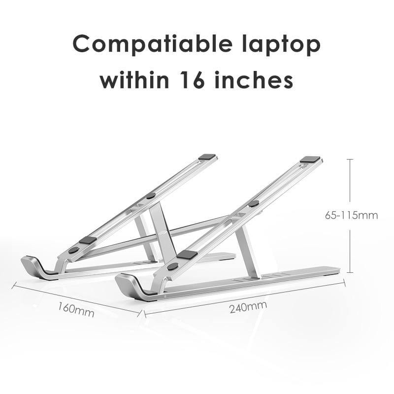 Portable ergonomic laptop stand with adjustable height, foldable aluminum design, and anti-skid silicone pads. Compatible with laptops, tablets, and books up to 15.6 inches. Ideal for remote work, travel, and preventing back and neck strain.