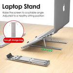 Portable ergonomic laptop stand with adjustable height, foldable aluminum design, and anti-skid silicone pads. Compatible with laptops, tablets, and books up to 15.6 inches. Ideal for remote work, travel, and preventing back and neck strain.