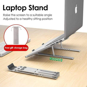 Portable ergonomic laptop stand with adjustable height, foldable aluminum design, and anti-skid silicone pads. Compatible with laptops, tablets, and books up to 15.6 inches. Ideal for remote work, travel, and preventing back and neck strain.