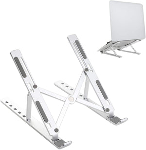 Portable ergonomic laptop stand with adjustable height, foldable aluminum design, and anti-skid silicone pads. Compatible with laptops, tablets, and books up to 15.6 inches. Ideal for remote work, travel, and preventing back and neck strain.