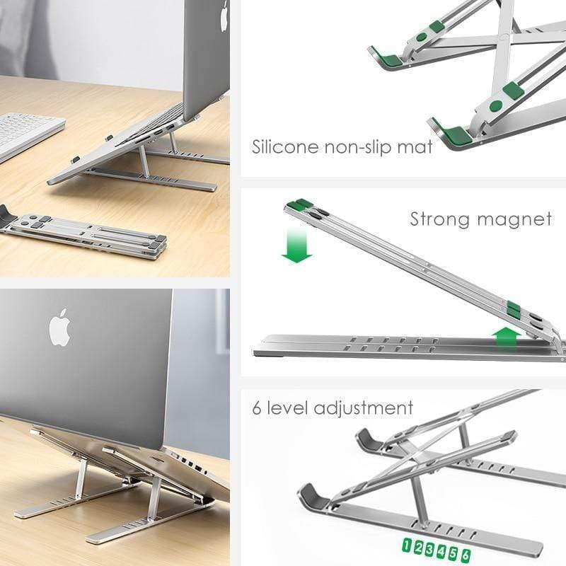 Portable ergonomic laptop stand with adjustable height, foldable aluminum design, and anti-skid silicone pads. Compatible with laptops, tablets, and books up to 15.6 inches. Ideal for remote work, travel, and preventing back and neck strain.