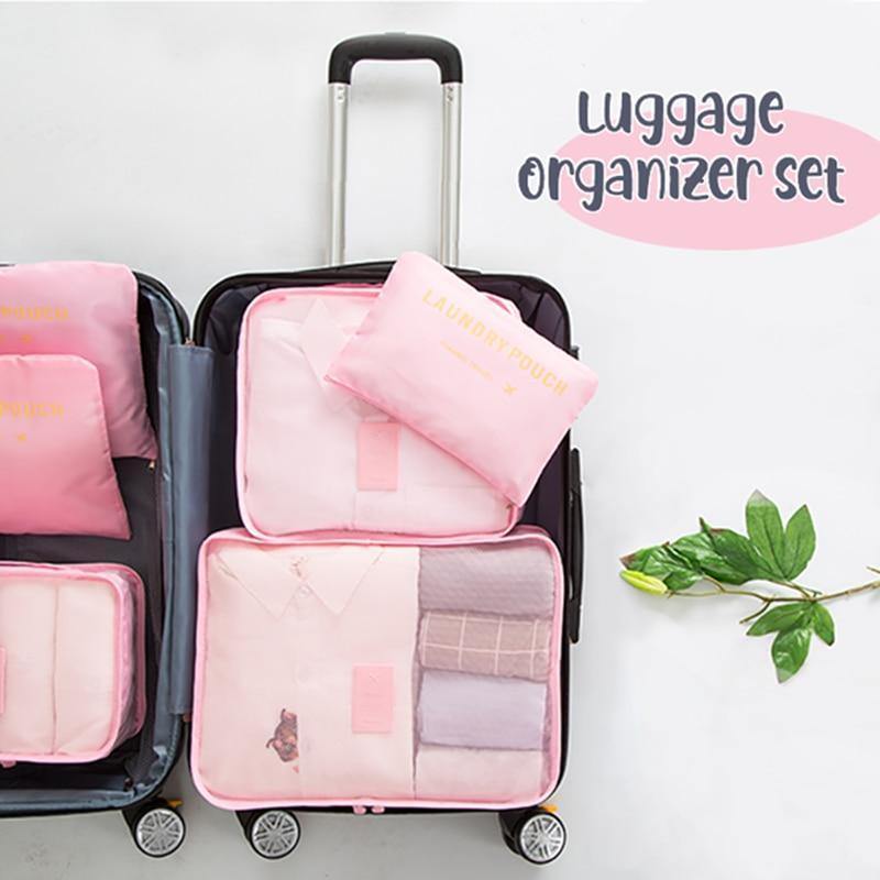 Luggage Packing Organizer Set with 3 mesh packing cubes and 3 zipper bags for travel organization. Durable waterproof Oxford material in assorted colors, perfect for maximizing suitcase space, wrinkle-free packing, and efficient storage of clothes, toiletries, and accessories. Ideal for organized travel.