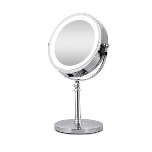 10X magnifying makeup mirror with LED lights, perfect for detailed makeup application and skincare routines. Features 360-degree rotation and adjustable brightness for natural lighting.