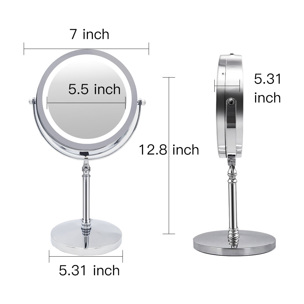 10X magnifying makeup mirror with LED lights, perfect for detailed makeup application and skincare routines. Features 360-degree rotation and adjustable brightness for natural lighting.