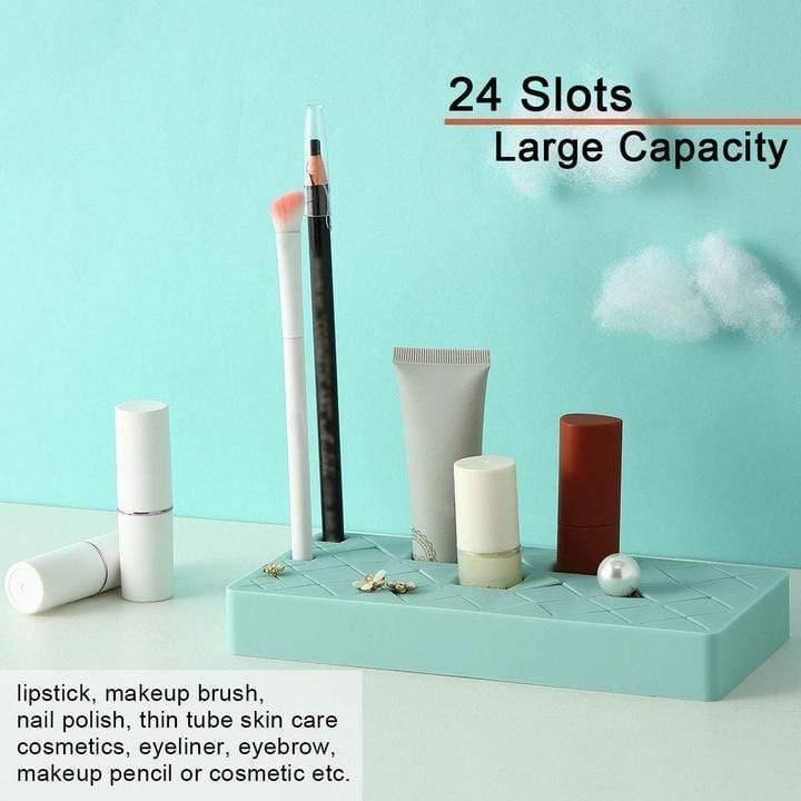 Durable silicone makeup organizer with 24 slots for lipsticks, makeup brushes, nail polish, and cosmetics, designed to keep your vanity clean and organized.