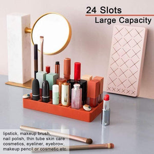 Durable silicone makeup organizer with 24 slots for lipsticks, makeup brushes, nail polish, and cosmetics, designed to keep your vanity clean and organized.