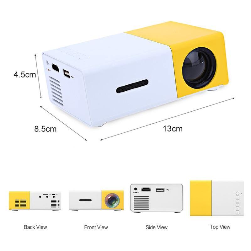 Portable mini projector with built-in speaker, 20 ANSI Lumens brightness, and HDMI, USB, and Micro SD connectivity. Compact projector for home theater, camping, gaming, and travel. Supports iPhones, Android devices, laptops, and game consoles. Features long-lasting 30,000-hour lamp life, 60-inch projection capability, and power bank compatibility for outdoor use.