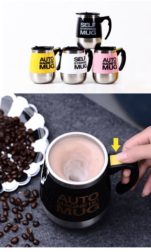 Magnetic self-stirring mug with stainless steel insulation, automatic stirring function, and magnetized design for coffee, tea, and protein drinks. Portable, eco-friendly mug ideal for home, office, travel, and commutes, ensuring perfectly mixed beverages without the need for stirrers.